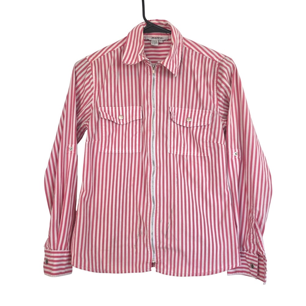 Tracy M. Womens Pink White Striped‎ Zip Up Shirt Roll Tab Sleeve Small